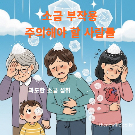 소금을 많이 먹으면 소금 부작용 위험이 높은 고혈압 환자, 신장 질환자, 위장 질환자, 노인, 어린이 그룹을 보여주는 이미지
