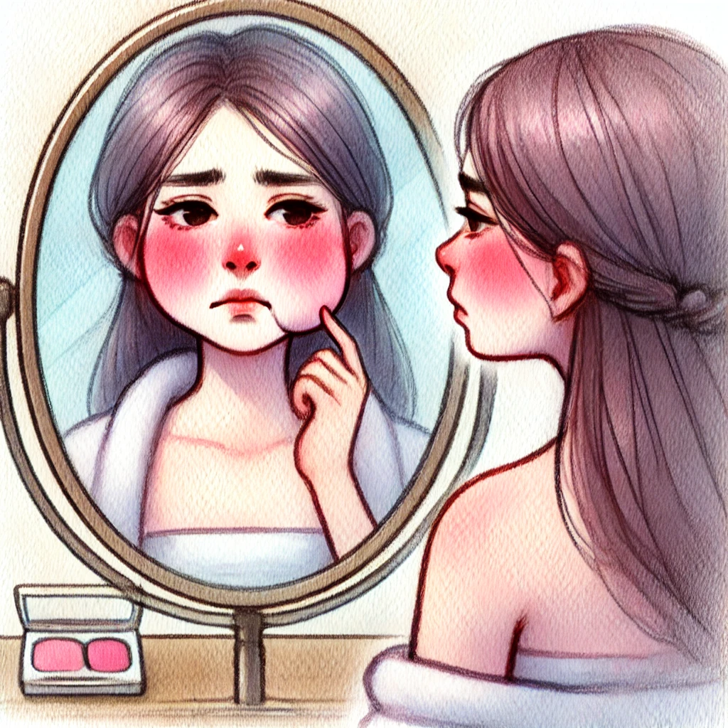 아침 붓기를 걱정하는 여성의 모습 (림프순환과 얼굴 부기 강조)