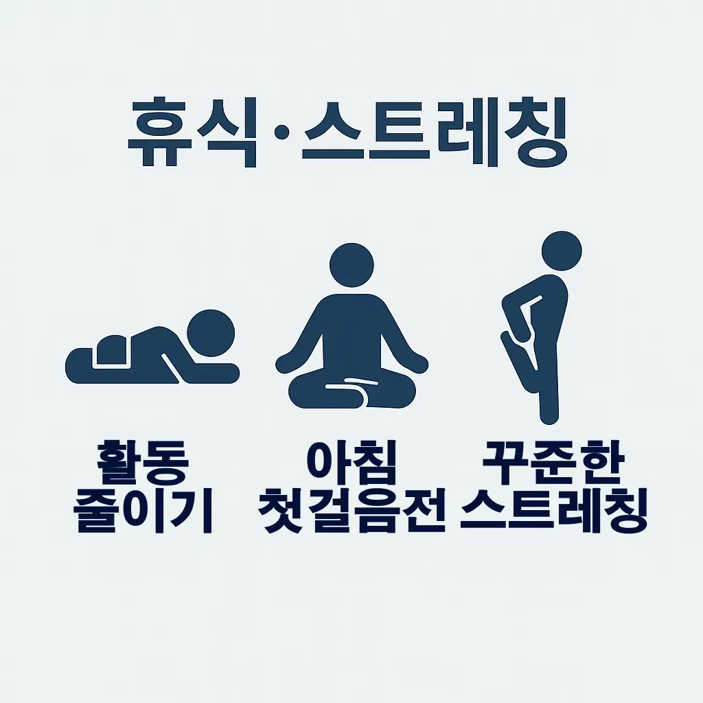 족저근막염 휴식 및 스트레칭 인포그래픽으로, 활동 줄이기, 아침 첫걸음 전 스트레칭, 꾸준한 스트레칭을 통한 발바닥 근막 통증 완화 방법을 설명하는 이미지입니다.