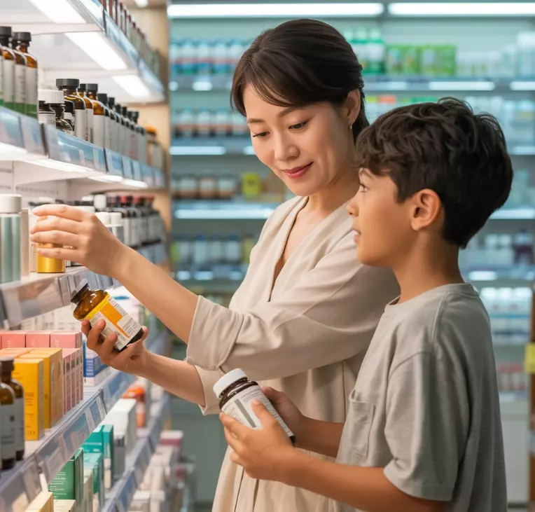 약국에서 영양제를 고르고 있는 엄마와 아들