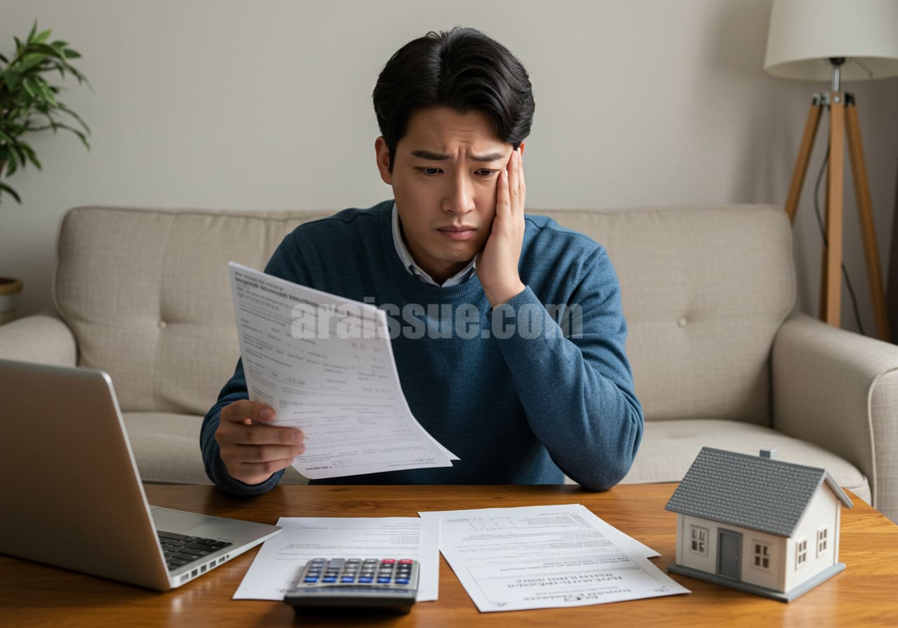 한국 자영업 남성이 자택 거실에서 건강보험 고지서를 보며 부동산 관련 문서와 함께 보험료 부담을 고민하는 장면. 테이블에는 계산기, 공시가격 자료, 보험서류가 놓여 있고, 주택소유자의 현실을 반영한 생활공간이 배경을 채움.