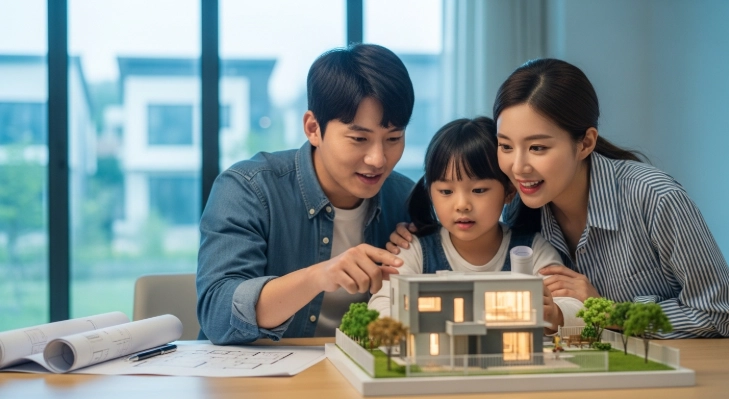 행복한 미소로 주택 설계도를 보는 신혼부부 또는 소가족, 버팀목 전세자금 대출로 얻는 주거 안정을 표현