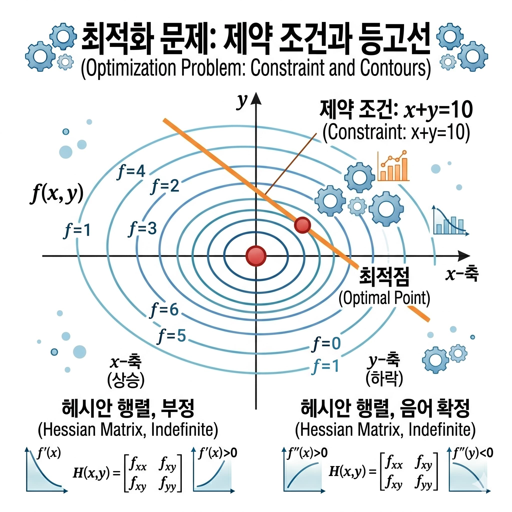 목적함수의 등고선과 제약조건 직선이 접하는 지점이 최적점임을 보여주는 다이어그램