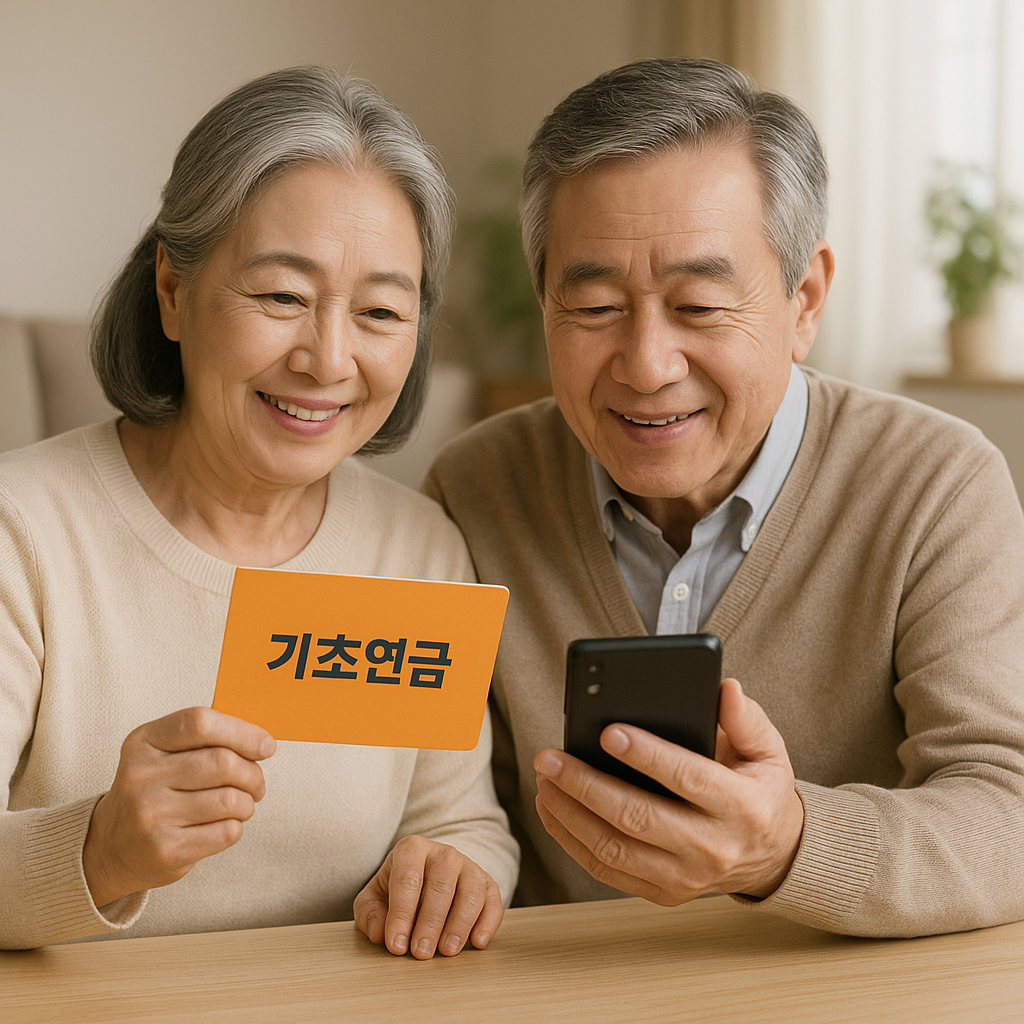 기초연금 통장 입금 확인하는 노부부