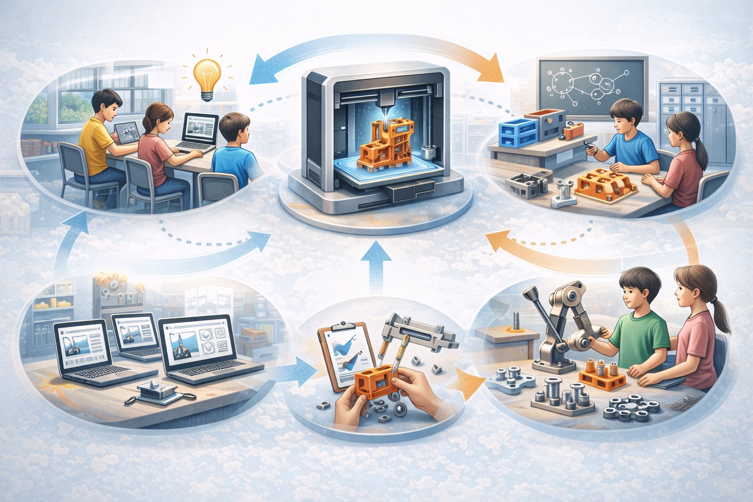 교육 현장에서 3D 프린터 수업이 진행되는 교실 환경과 제작 활동 흐름을 아이콘으로 표현한 대표 다이어그램 이미지