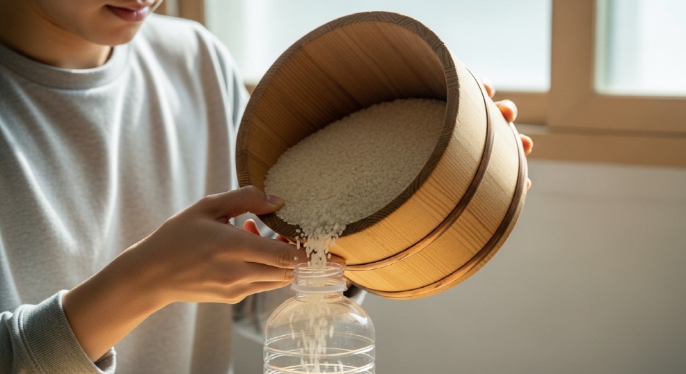 쌀통을 페트병에 옮기는 모습