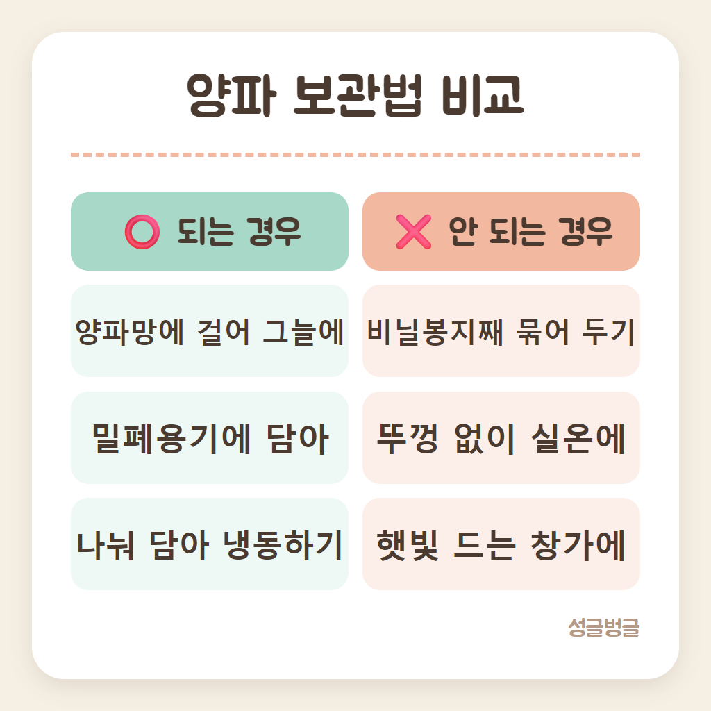 양파 보관법 되는 경우와 안 되는 경우를 견준 카드