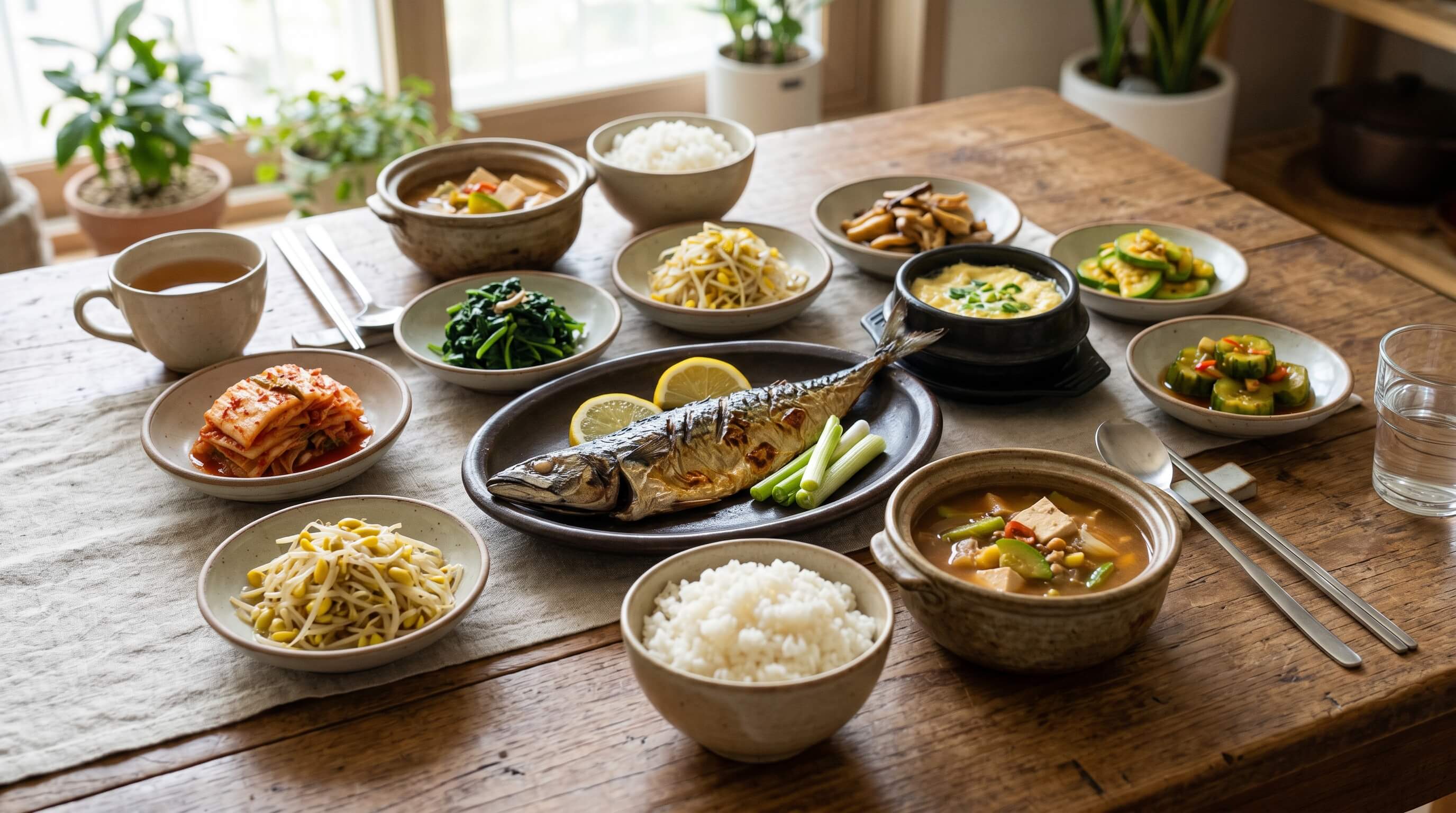 균형 잡힌 한식 식단으로 구성된 식탁 위에 밥, 구운 생선, 국, 나물 반찬과 채소 요리가 자연광 아래 깔끔하게 차려진 모습