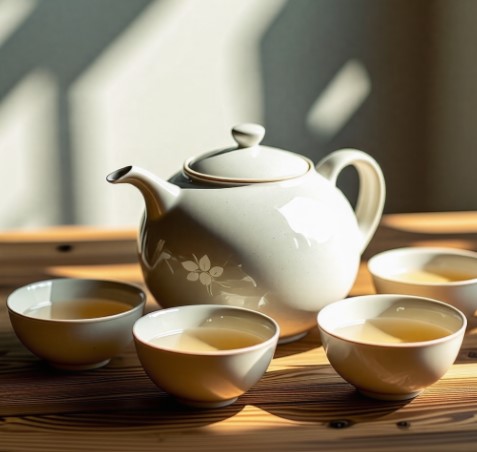 찻잔과 차 주전자가 있습니다.