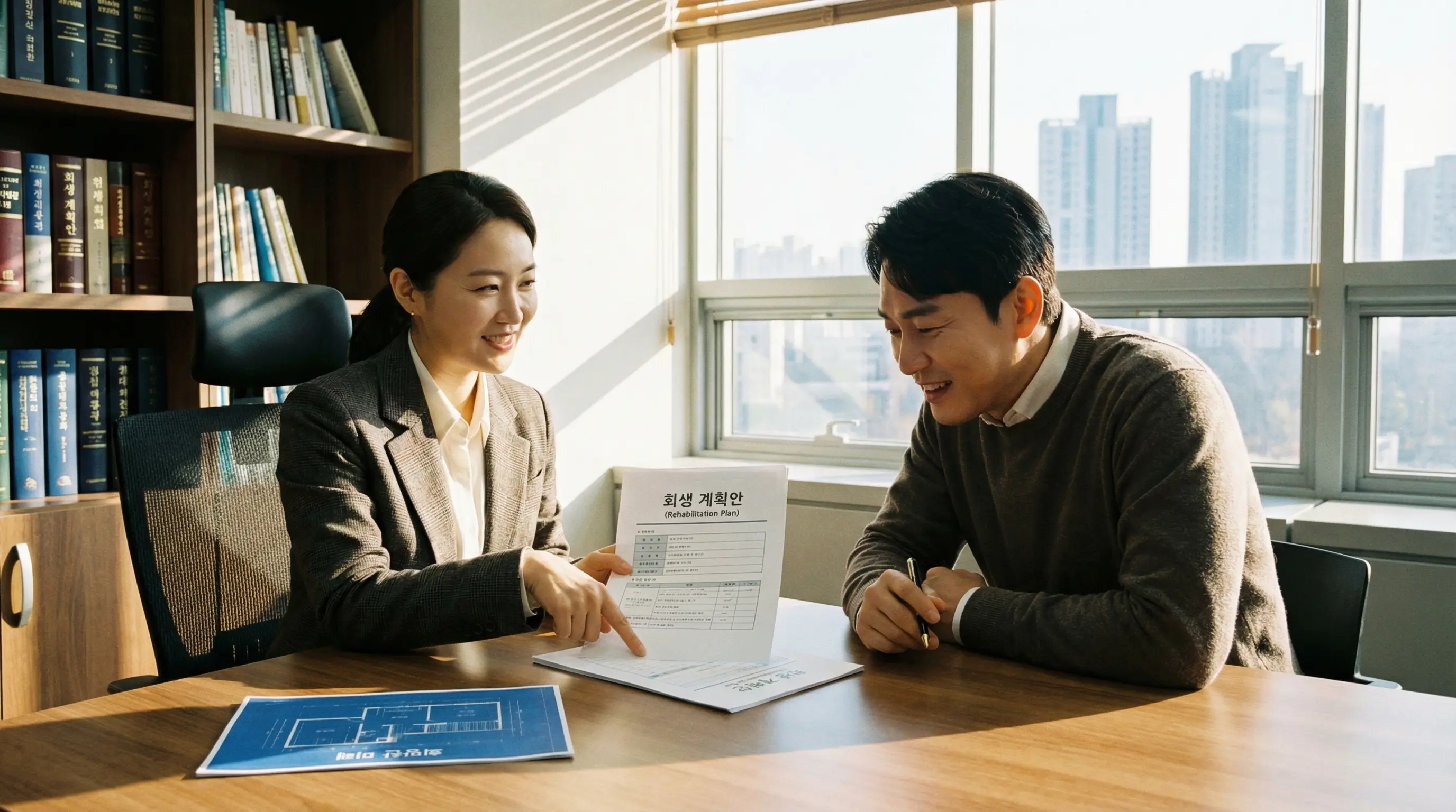 법률 전문가와 상담하며 회생 계획안을 검토하고 희망찬 미래를 설계하는 신뢰감 있는 모습