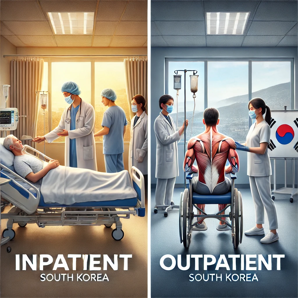 입원 치료와 외래 치료 비교, 병실에서 집중 치료를 받는 환자와 외래 재활 치료 중인 환자의 모습