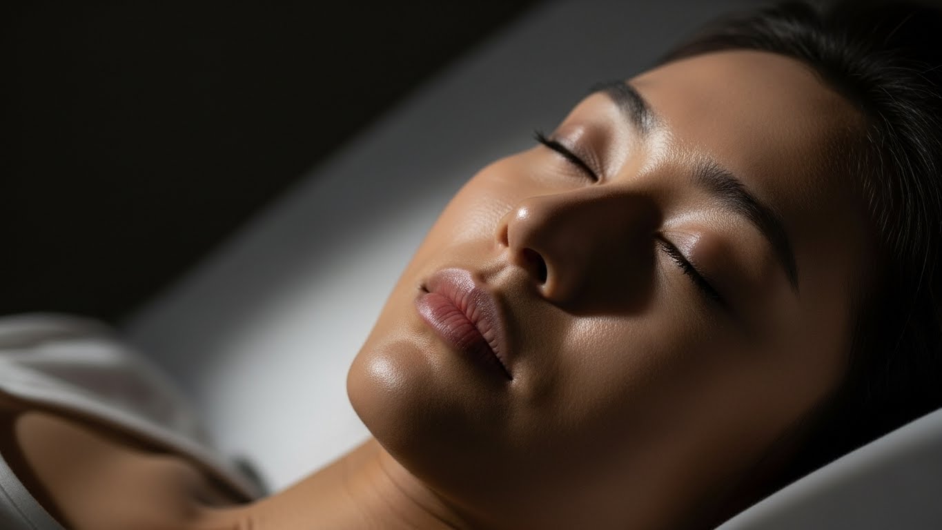 478 호흡법을 실천하며 몸을 이완시키고 깊은 잠에 빠져들 준비를 하는 모습