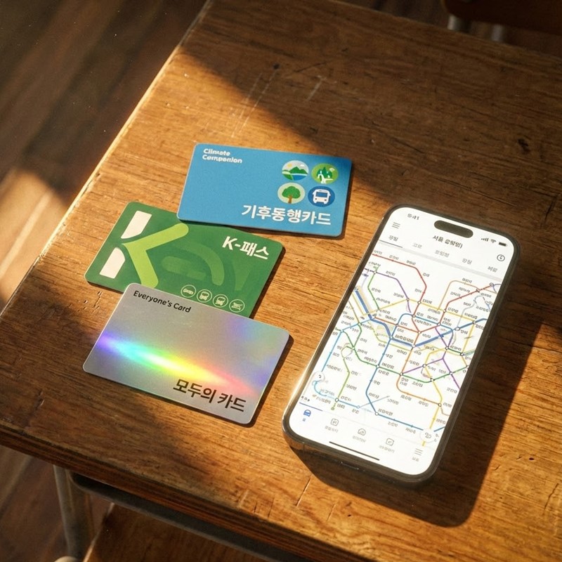 나무 책상 위에 놓인 기후동행카드, K-패스, 모두의 카드 3종과 지하철 앱이 켜진 스마트폰