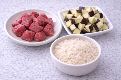 후기 이유식 소고기 가지 진밥 식재료 가지 소고기 안심 불린 쌀 준비