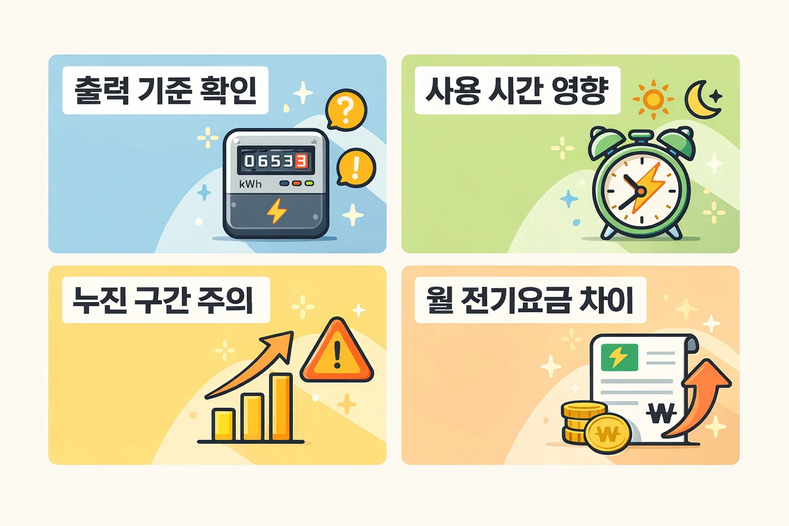 출력 기준 확인, 사용 시간 영향, 누진 구간 적용이 월 전기요금에 미치는 차이를 시각적으로 보여줍니다