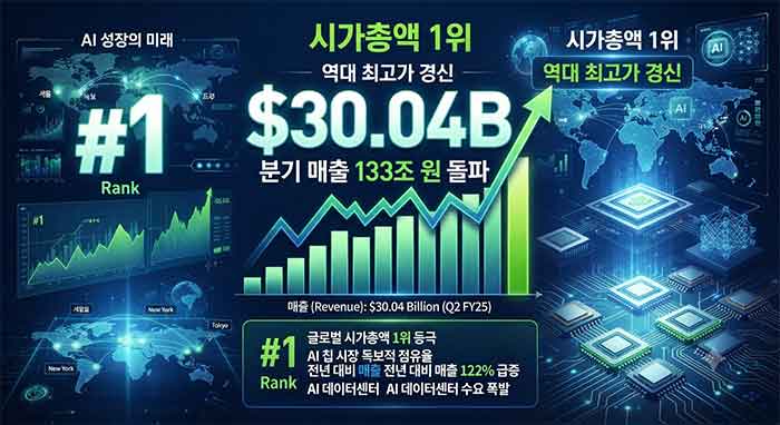 시가총액 1위 엔비디아의 신기록과 AI 성장을 표현한 인포그래픽 이미지.