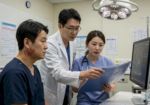귀 주변 대상포진 환자를 두고 안과 및 이비인후과 의사가 의료 영상을 보며 심각하게 협진하는 모습