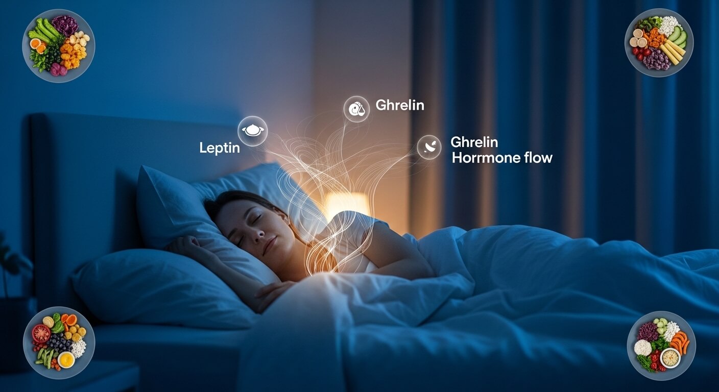 수면 부족이 식욕 호르몬과 식습관에 영향을 주는 모습을 표현한 이미지