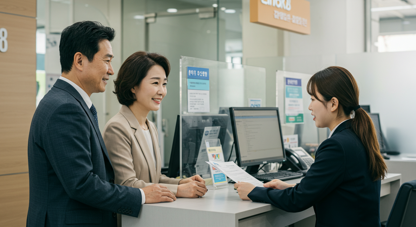 한국의 은행 창구에서 대출 상담을 받고 있는 중년 부부
