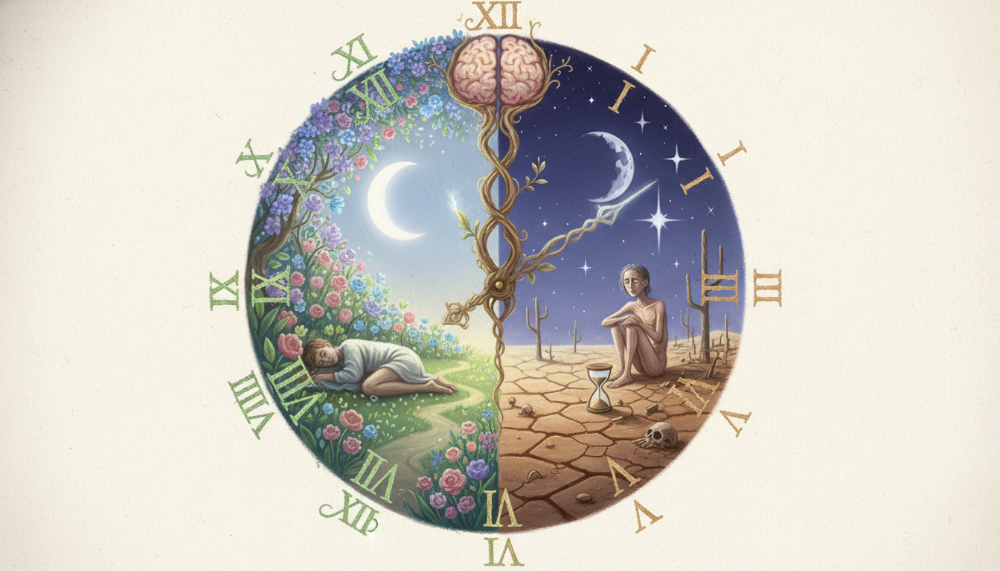 수면 시간에 따른 신체 상태의 극명한 대조를 표현한 예술적 생체 시계