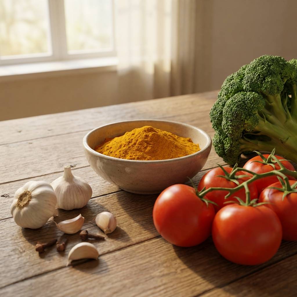 나무 테이블 위에 정갈하게 놓인 싱싱한 브로콜리, 알싸한 마늘, 붉게 익은 토마토와 강황 가루