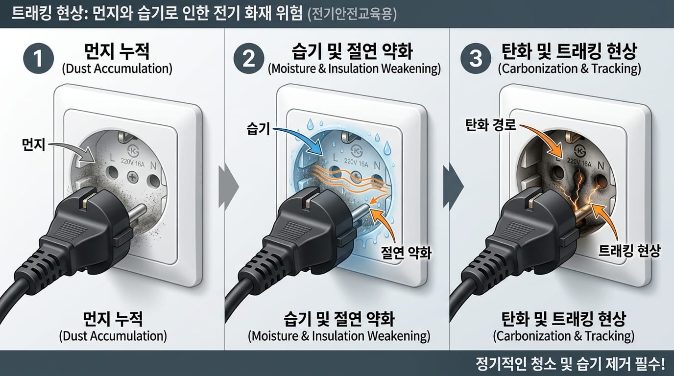 트래킹 현상이 발생하는 과정을 보여주는 콘센트 클로즈업 인포그래픽