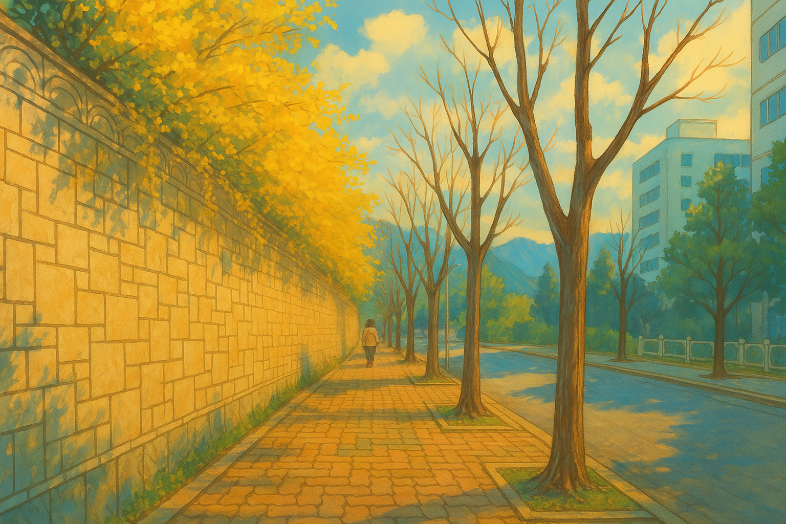 실제 거리 사진을 AI로 생성한 지브리스타일 이미지가 배치된 모습으로 감성적인 변화를 보여줌