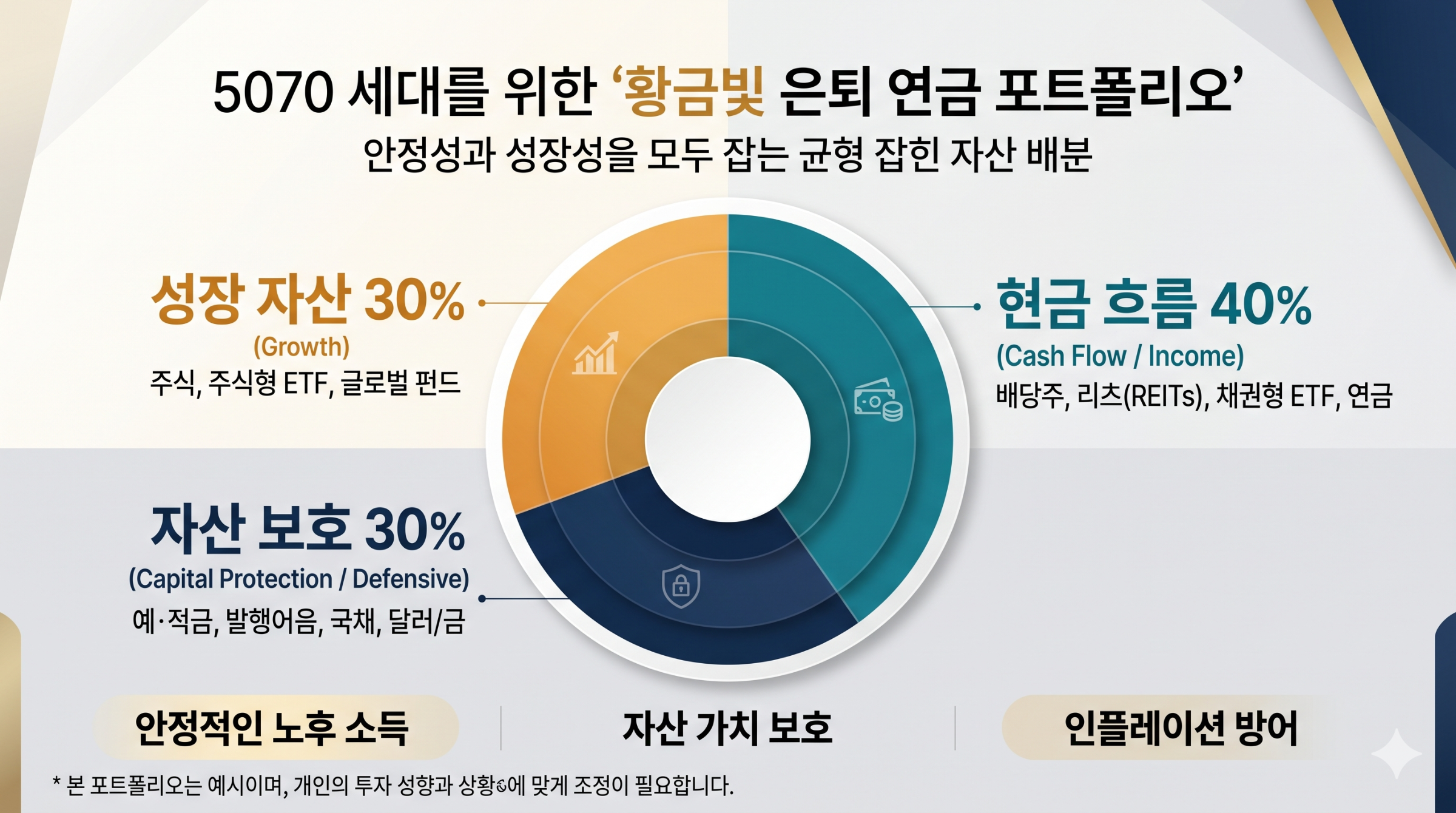 5070 세대 연금저축 황금 포트폴리오차트 성장 (30%, 현금흐름 40%, 안전방어 30%)