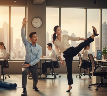 40대 남여가 휴식시간을 이용해서 동적 스트레칭을 하고 있다