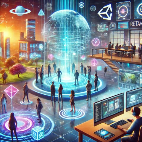 메타버스 공간에서 아바타들이 모여 있는 장면
Unity 또는 Unreal Engine을 활용해 맵 에디터를 작업하는 모습
로블록스(Roblox), 제페토(ZEPETO)의 월드 구성 화면 스크린샷
팀원들이 메타버스 프로젝트 기획 회의를 진행하는 장면