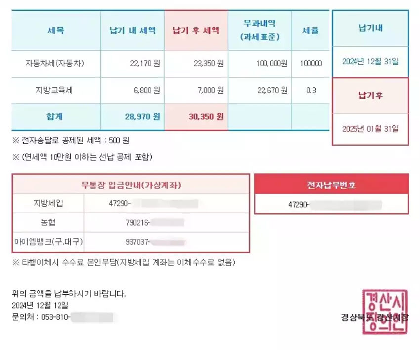 자동차세 납세고지서 화면 일부를 캡처했습니다.
