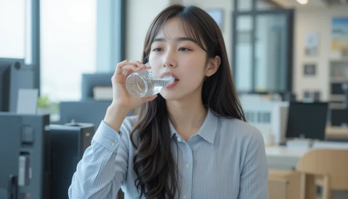 알부민 효능을 생각하며 보충제를 복용하는 직장인의 모습