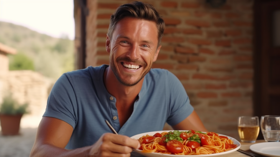 40대 토마토 파스타를 먹는 남성