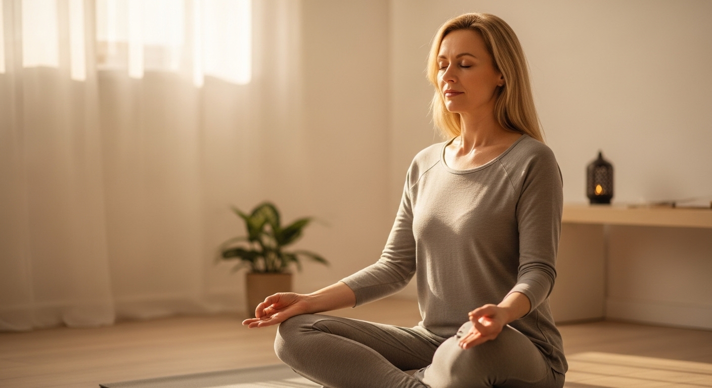 햇살 가득한 방에서 편안하게 명상하고 있는 중년 여성. 심리적 안정과 평화를 상징합니다.