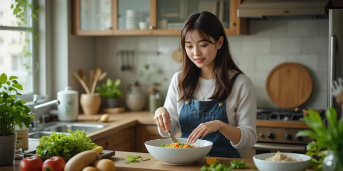 주방에서 샐러드 준비하는 여성