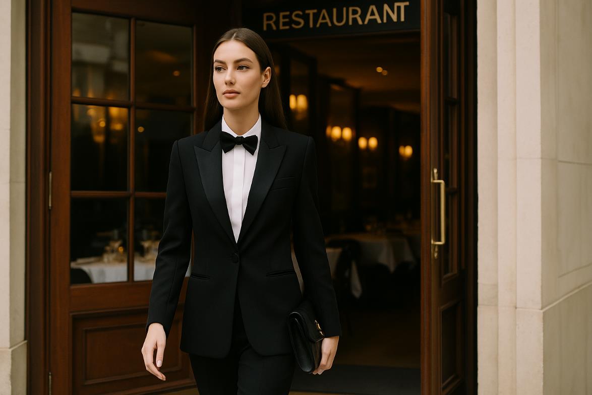 검정 턱시도 슈트를 입은 여성이 레스토랑 입구에 들어서는 모습