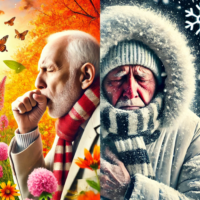 왼쪽은 봄철의 어르신, 오른쪽은 겨울철의 어르신의 모습을 보여줌