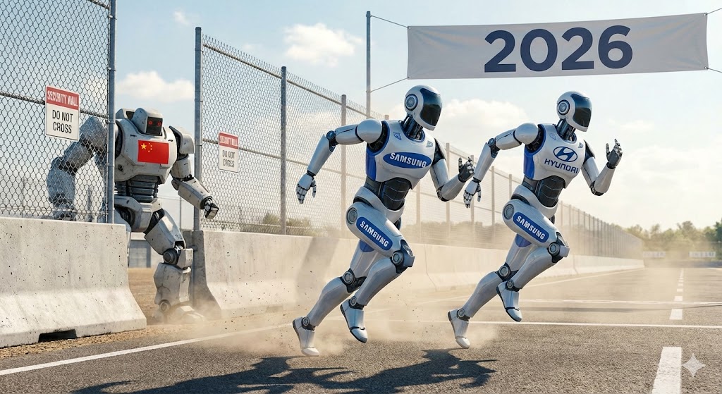 'Security(보안)' 인증 마크를 단 삼성/현대 로봇이 미국 가정에 환영받으며 들어가는 모습과, 문전박대 당하는 중국 로봇의 대비