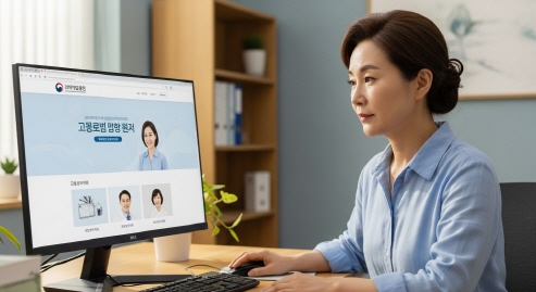 건강보험공단 홈페이지 보는 중년 여성, 모니터 앞