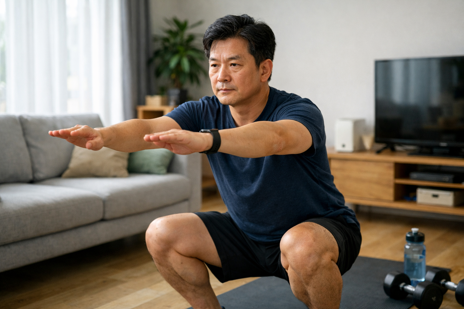 스쿼트 하체 운동을 하는 40대 남성