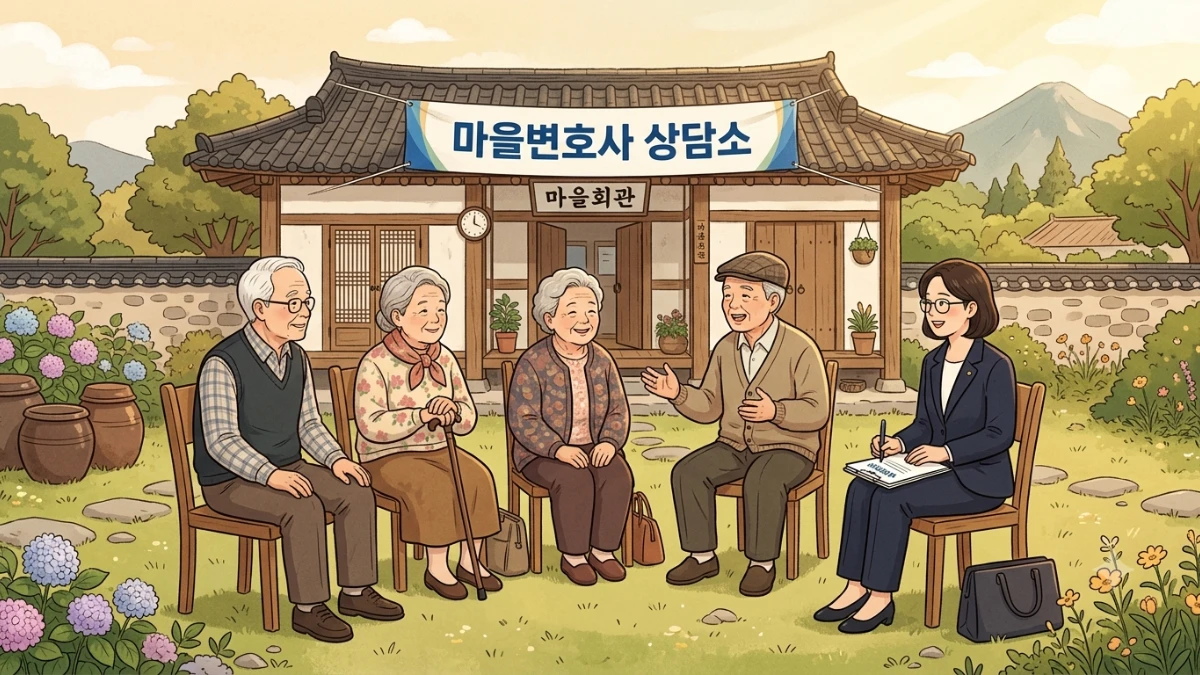 시골 마을 회관 앞마당에서 한국인 노년 남녀 주민들이 의자에 앉아 변호사와 이야기하는 장면.