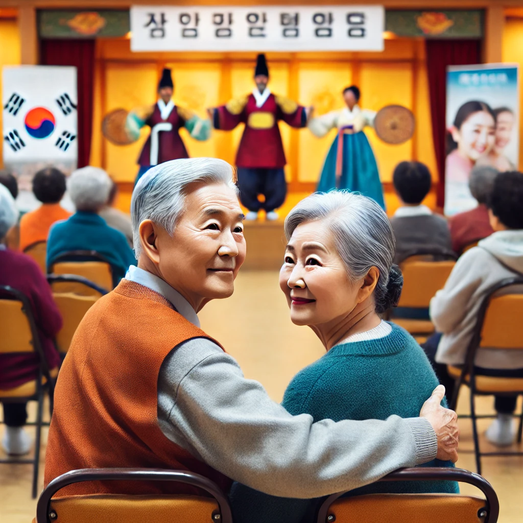 &quot;한국의 한 지역 문화센터에서 열린 전통 문화 행사에서 즐거운 시간을 보내는 노년 부부. 무대에서는 전통 공연이 펼쳐지고 있으며, 주변에는 다른 어르신들이 함께 관람하고 있다. 행사장은 따뜻하고 친근한 분위기이며, 어르신 문화 프로그램을 알리는 배너가 곳곳에 걸려 있다.&quot;