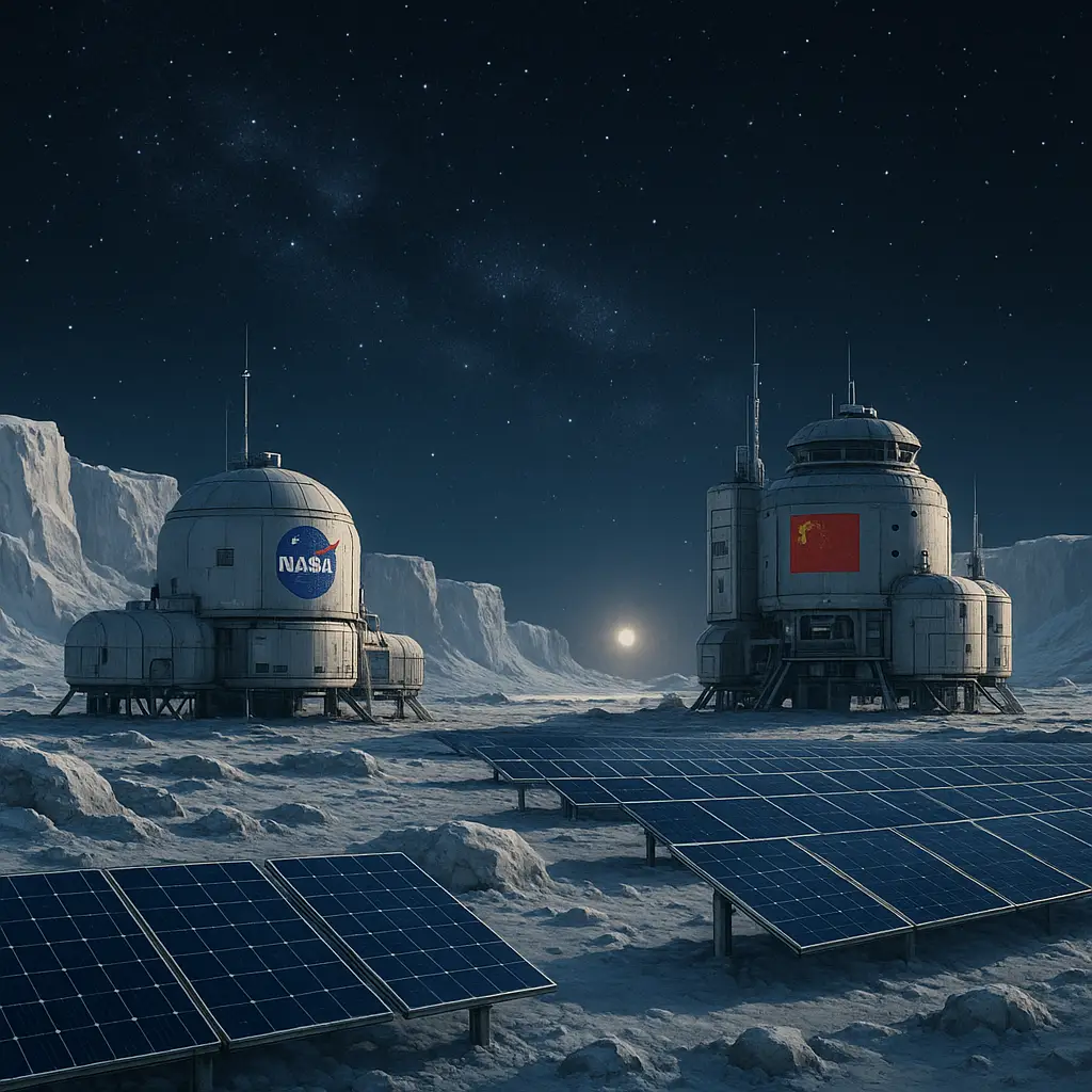 달 남극에 세워진 NASA와 중국의 미래 달 기지 상상도