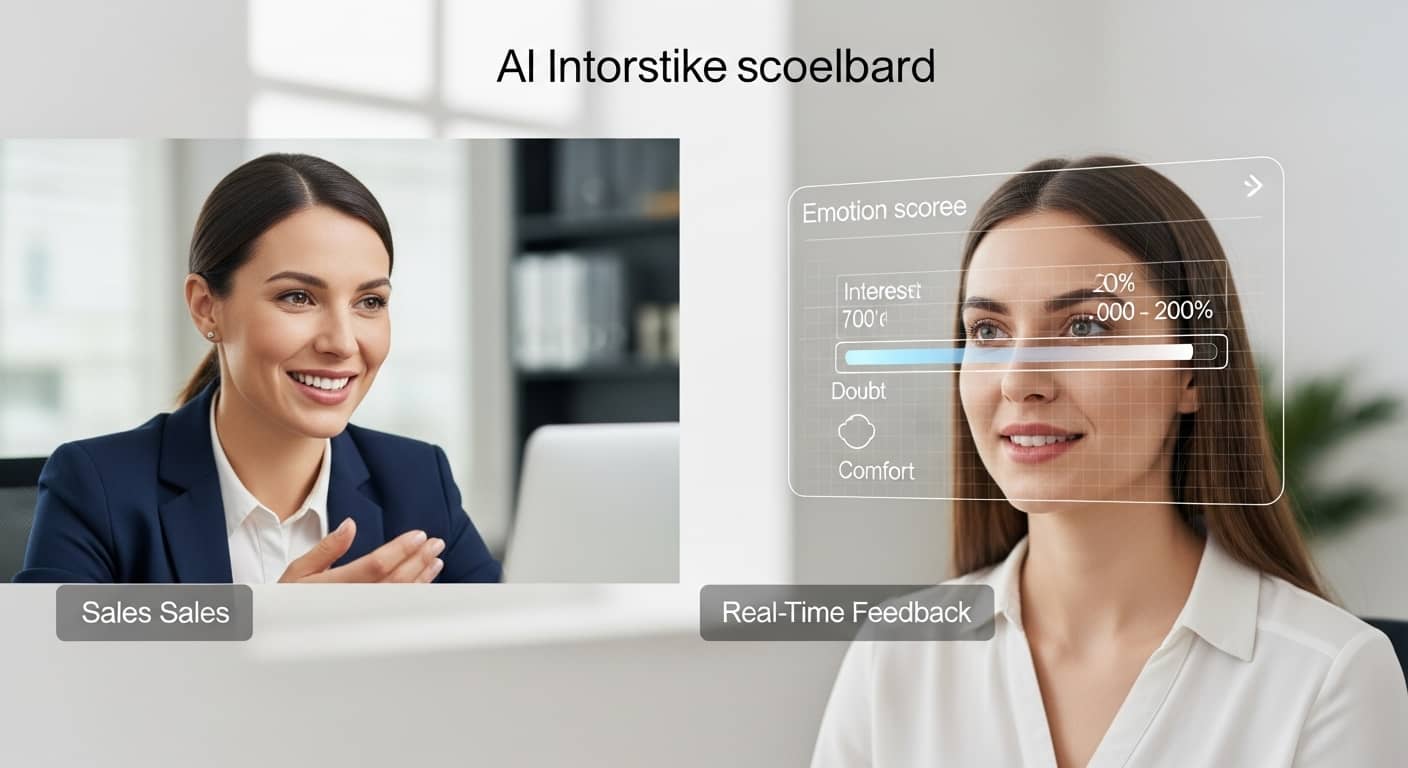 AI 감정 인식 기술을 활용해 화상회의 중 고객의 표정과 감정 반응을 실시간으로 분석하는 장면. 영업 상담 상황에서 인공지능이 관심도, 의심, 편안함 등의 감정 지표를 시각적으로 표시해주는 모습.