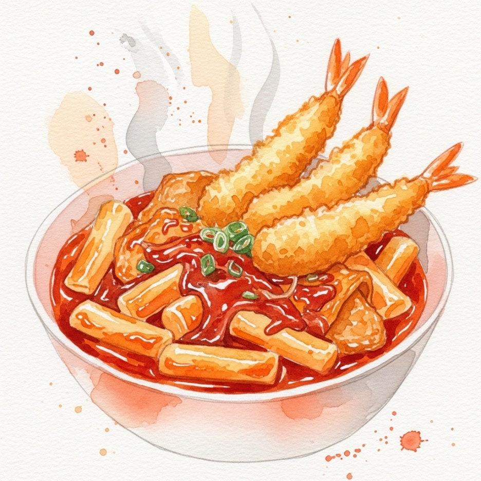 바삭한 새우튀김이 올라간 먹음직스러운 떡볶이 한 그릇
