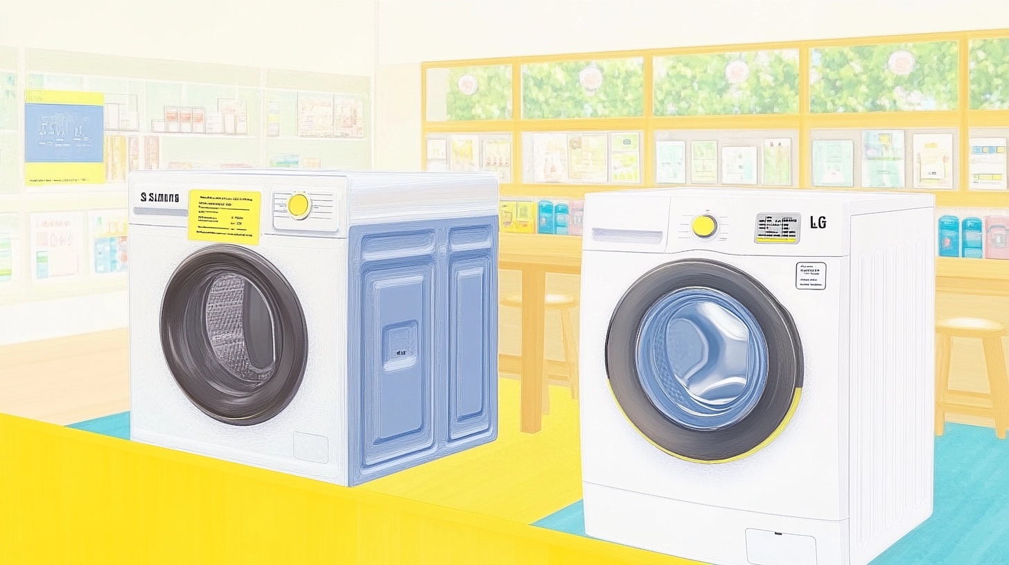 삼성과 LG 세탁기의 주요 기능이 강조된 모습을 보여주는 밝은 조명의 매장 전시.