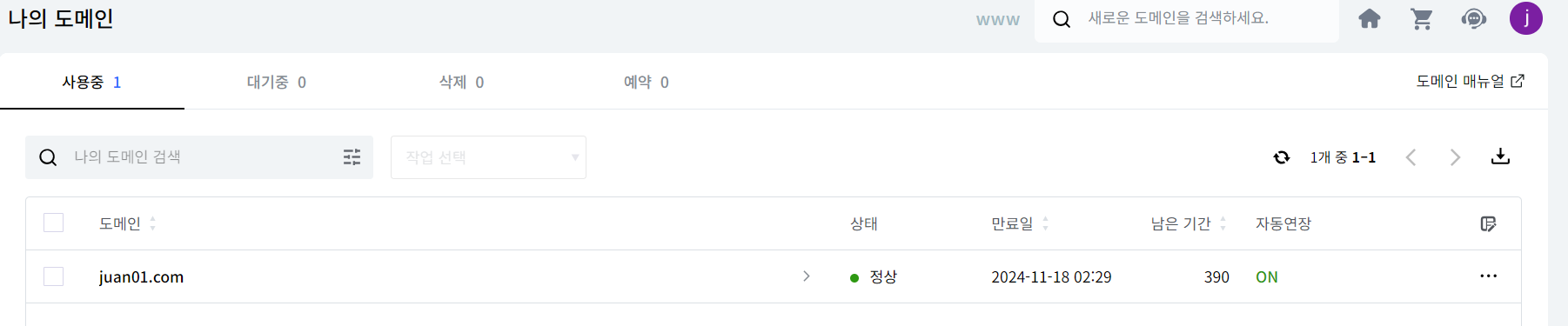 호스팅케이알 도메인관리 화면