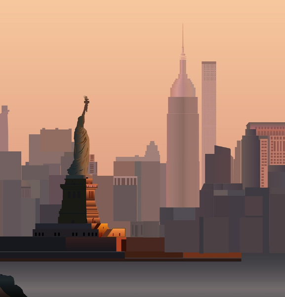 뉴욕을 배경으로 서있는 자유의 여신상