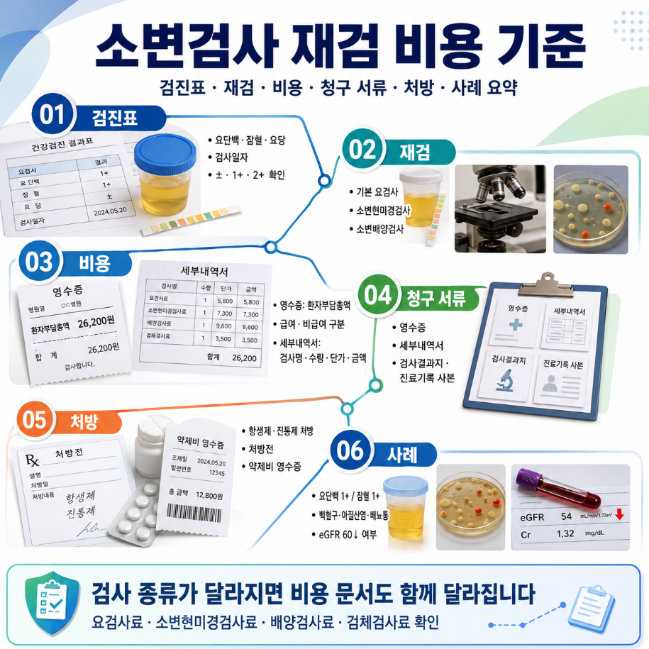 건강검진 소변검사 재검 비용 기준을 검진표, 재검 검사, 비용 문서, 청구 서류, 처방, 사례 순서로 요약한 의료 인포그래픽