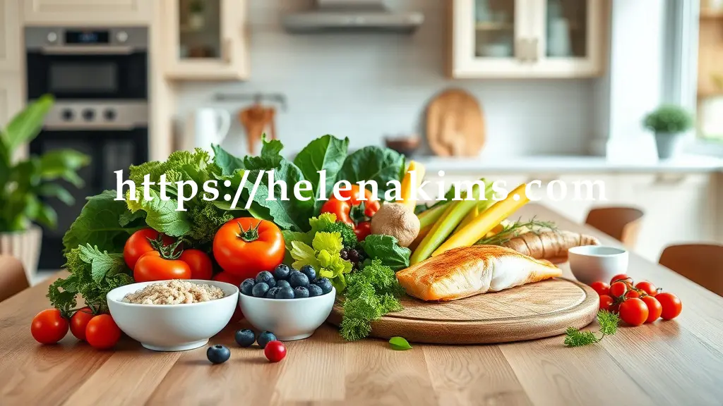 주방 식탁 위 나무 도마 위에. 신선한 녹색 잎채소와 토마토, 과일, 블루베리, 붉은 베리류, 구운 연어 필레, 현미밥 한 그릇, 그리고 유산균이 풍부한 무가당 요거트가 다채로운 색감과 함께 풍성하게 놓여 건강과 활력이 넘치는 균형 잡힌 식단을 강조한 이미지.